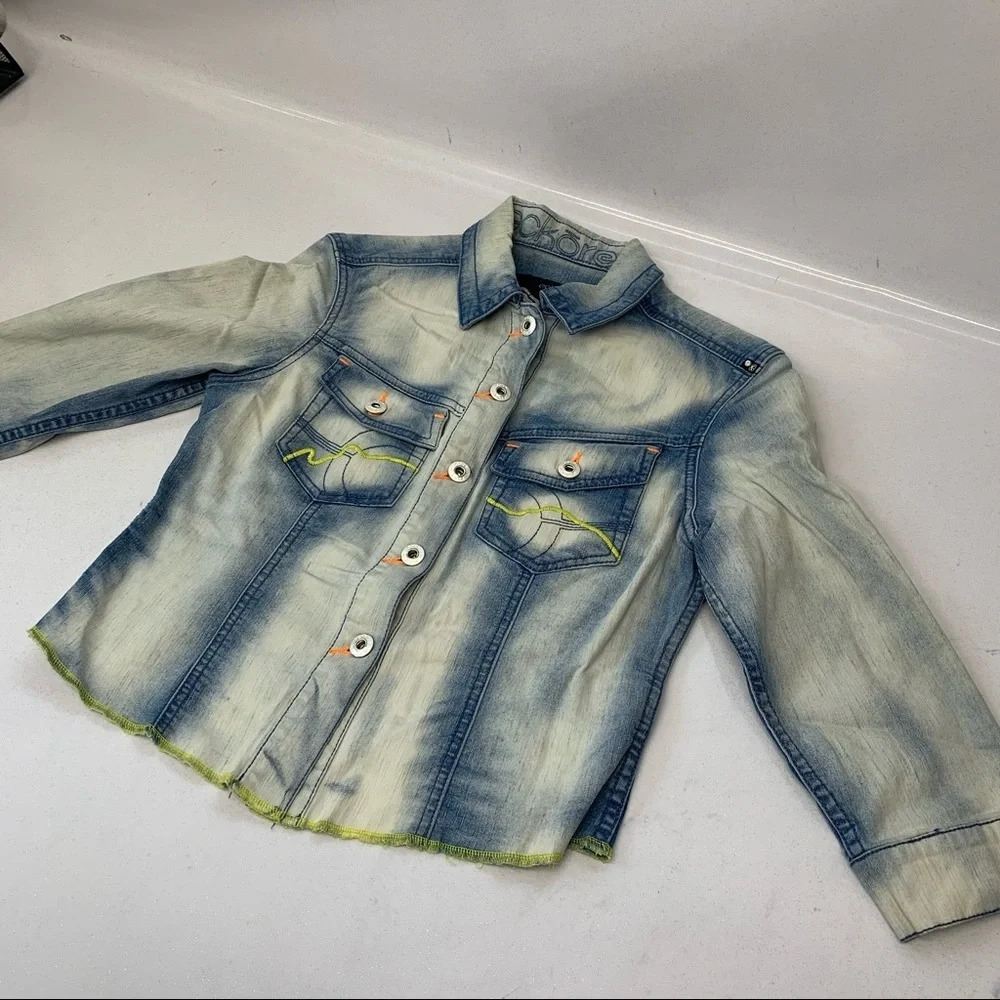 Womans Artsy Denim Jacket M Embroidery Blue Light Wash 3/4 Sleeve‎ Pockets O27 - Picture 5 of 11